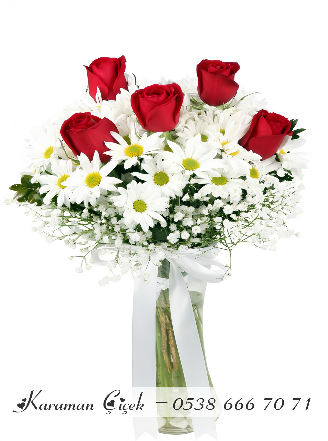 5 Gül Ve Papatyalar Cam Vazo