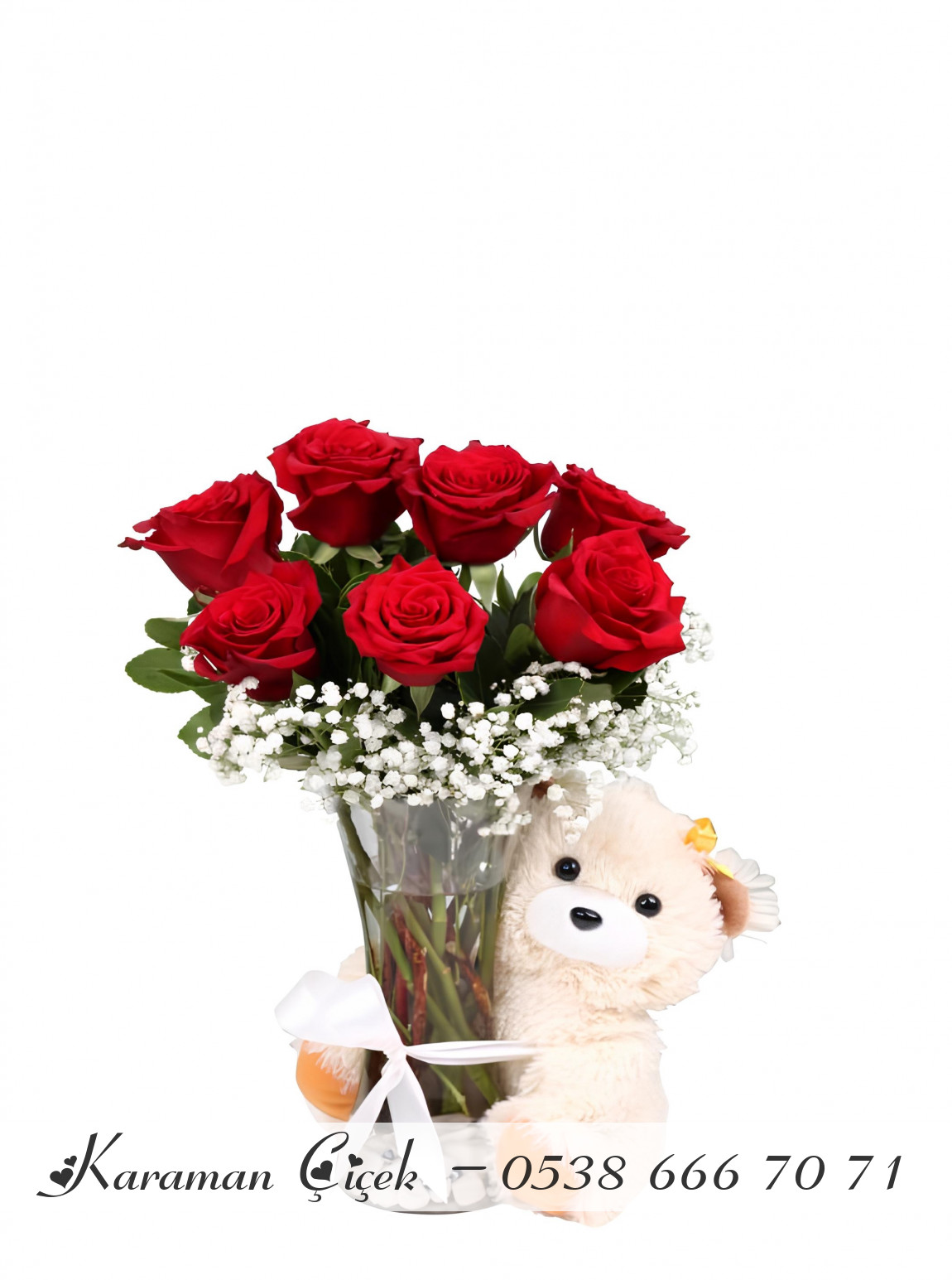 Ayıcıklı Cam Vazo'da Ayıcıklı Gül