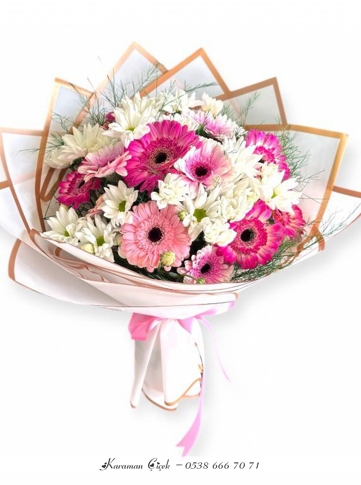 Gold Dokunuş: Pembe Gerbera Ve Papatya