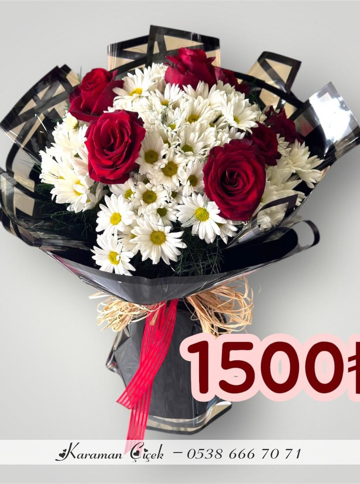 Modern Siyah: Kırmızı Gül Ve Papatya Buketi